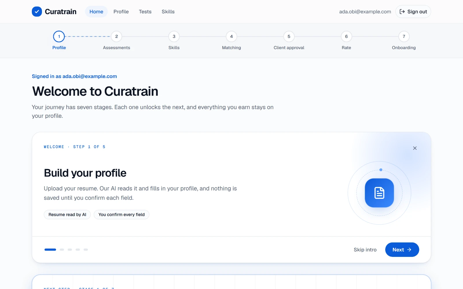 The Curatrain home screen: a seven-stage journey from profile to onboarding, with a step-by-step introduction for a new trainer.