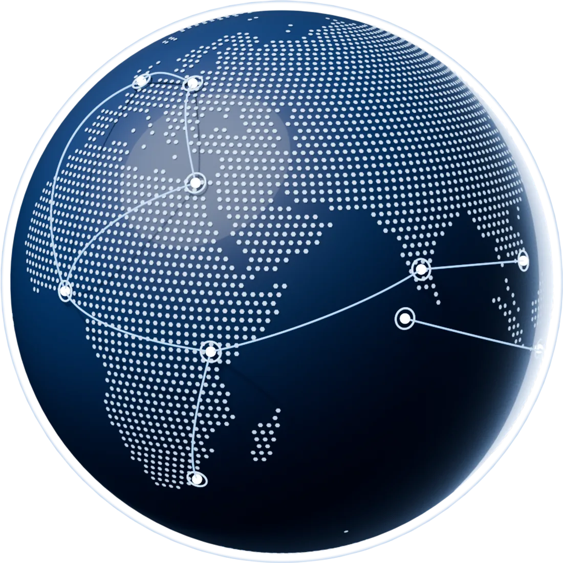 A globe with points of light across Africa, Europe and Asia, joined by arcs.