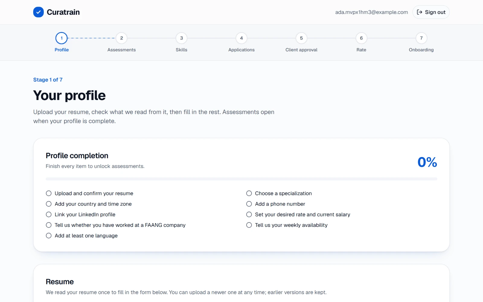 The profile checklist: upload and confirm your resume, add your country, link LinkedIn, choose a specialization and more, with completion at 0%.