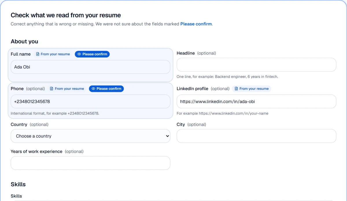The resume check form with name, phone and LinkedIn read from the resume, each marked From your resume.